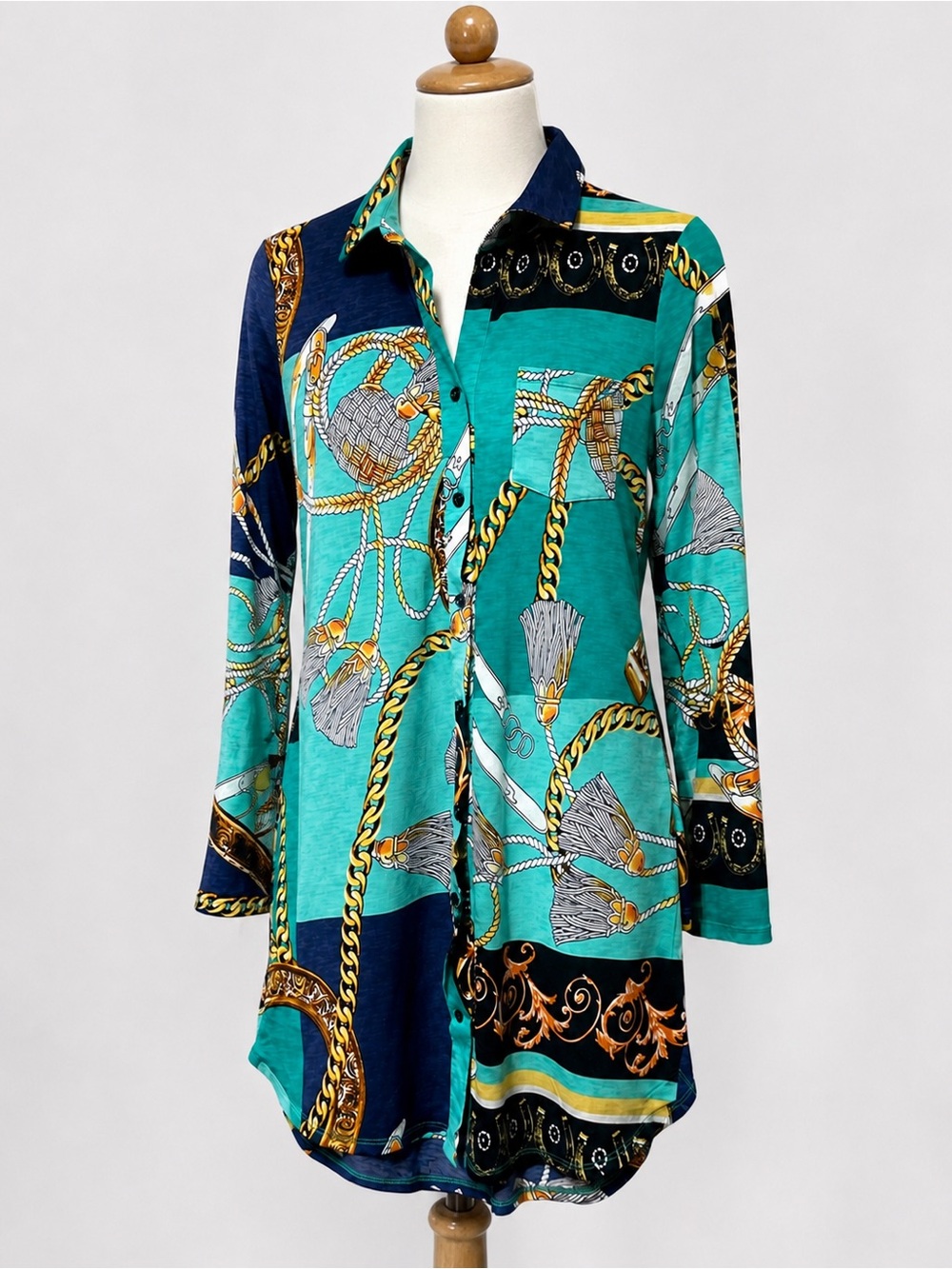 Scarf Print Shirt Dress L Teal Navy Chain Rope Baroque Resort Tunic